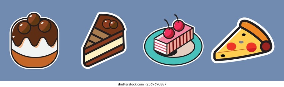 Sweet Treats Stickers, A delightful collection of dessert stickers featuring chocolate cake, cheesecake, cherry cake, and pizza. Perfect for adding a touch of sweetness to your designs. 