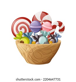 Sweet treats in a wooden bowl. Cartoon vector illustration for Halloween, Christmas, birthday