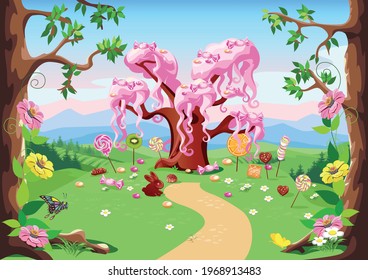 Sweet tree and candy land in a forest glade. Fairy tale tree surrounded by sweets, candies and fruits. Vector illustration of a fairy tale landscape.