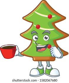 Sweet trees cookies cartoon character with a cup of coffee