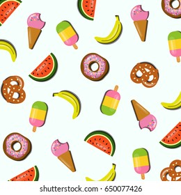 Sweet trendy seamless pattern with ice creams,bananas,watermelons,donuts and pretzels background. Exotic Hawaii art background. Design for fabric, wallpaper, textile and decor.
