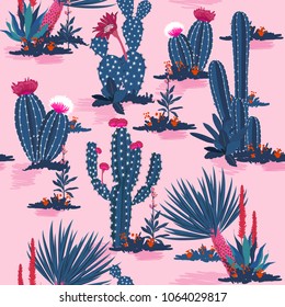 Sweet and trendy Seamless pattern vector summer cactus on desert mix with beautiful blooming succulents flower for fashion fabric and all prints on pink background.