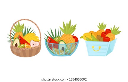 Sweet Tropical Food with Pineapple and Banana Bunch in Basket and Bowl Vector Set