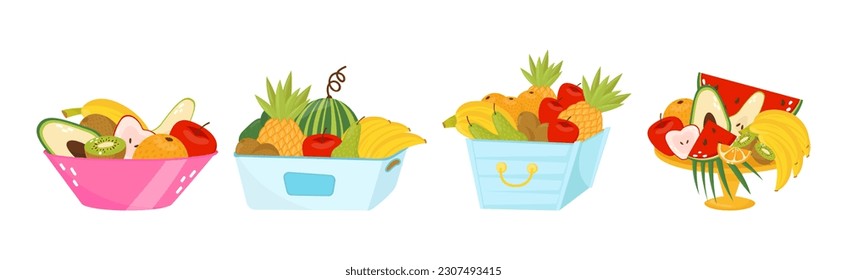 Sweet Tropical Fruit in Basket and Bowl Vector Set