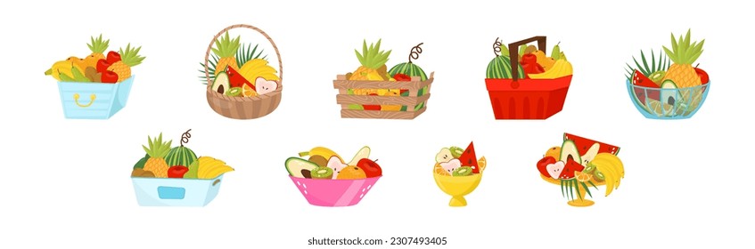 Sweet Tropical Fruit in Basket and Wooden Crate Vector Set