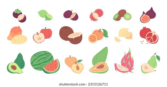Sweet tropical fruit doodles, avocado half, lemon and orange slices. Hand drawn exotic fruits, sliced kiwi, papaya and peach, summer fresh organic ingredients, vitamin rich food stickers vector set