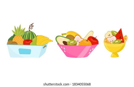 Sweet Tropical Fruit With Pineapple And Watermelon In Crate And Bowl Vector Set