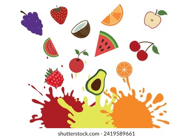 Sweet tropical fruits and berries with splashes of juice. Watermelon, banana, coconut, grapes, strawberries, orange, avocado, cherry, raspberry. Vector realistic set.