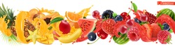 Sweet Tropical Fruits And Mixed Berries. Splash Of Juice. Watermelon, Banana, Pineapple, Strawberry, Orange, Mango, Blueberry, Cherry, Raspberry, Papaya. 3d Vector Realistic, High Quality 50mb Eps
