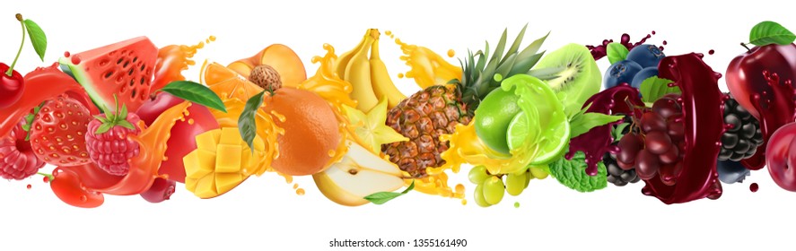 Sweet tropical fruits and mixed berries. Splash of juice. Watermelon, banana, pineapple, strawberry, orange, mango, lime, blueberry, grapes, apple. 3d vector realistic set. High quality 50mb eps