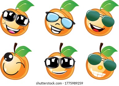 Sweet tropical happy cartoon mango fruits with orange, yellow and red peel.
