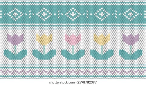 Sweet tulip and geomatric knitted pattern, Festive Sweater Design. Seamless Knitted Pattern