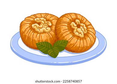 Sweet Turkish dessert baklava with walnut on plate. Vector food illustration on white background.