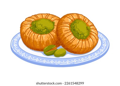 Sweet Turkish dessert pistachio baklava on plate. Vector food illustration on white background.