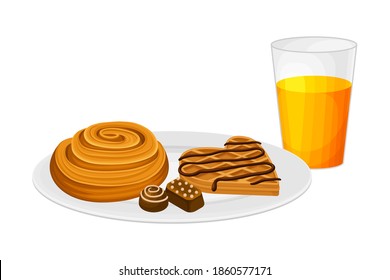Sweet Twisted Bun and Waffle Rested on Plate with Glass of Fresh Juice Vector Illustration