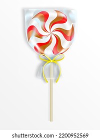 Sweet twisted candy lollipop with Halloween striped pattern on wooden stick packed in a transparent gift bag with ribbon isolated on white background. Realistic vector cartoon illustration.