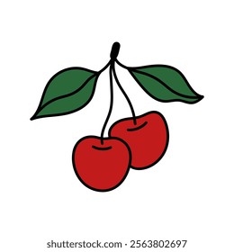 Sweet two cherries on stem with leaf. Juicy red cherry clipart. Fresh ripe fruit. Sweet natural food. Summer icon. Vector illustration isolated on white background