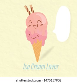 sweet two ice cream come with happy smiling faces and bubble text on paper background decorate chocolate cover banner paster yellow color