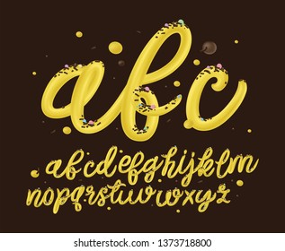 Sweet typography in cake birthday style. Vector of stylized melted font and alphabet. 