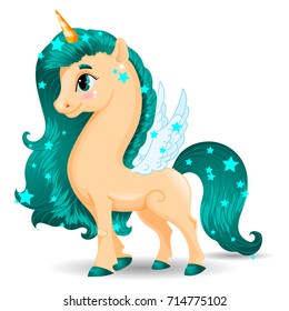 Sweet Unicorn Beige Pony Character with Wings on White Background, Hand Drawn Vector Illustration EPS 10