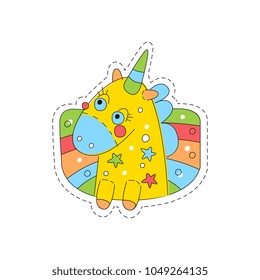 Sweet unicorn childish patch badge, cute cartoon yellow animal sticker hand drawn vector Illustration on a white background