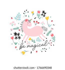 Sweet unicorn and flowers print design with slogan. Vector illustration design for fashion fabrics, textile graphics, prints.