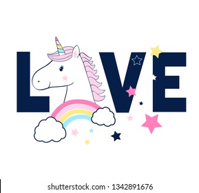 Sweet unicorn illustration and love slogan vector for print design.