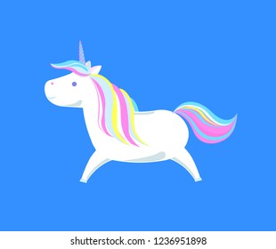 Sweet unicorn from legend, mysterious horse from fairy tale isolated. Imaginary pet with rainbow color horn and mane, cartoon horse for print on t-shirts