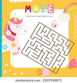 Sweet Unicorn Maze game for children. Help pretty Pony find correct path. Vector illustration. Labyrinth for kids activity book. Book square format.