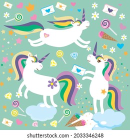 Sweet unicorn on rainbow cartoon happy magic unicorns from fairytale  