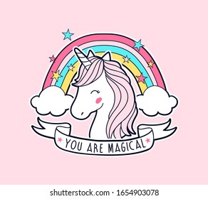 Sweet unicorn and rainbow illustration vector for print design.