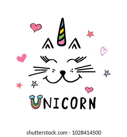 Sweet unicorn vector illustration. Cute cat with wird unicorn. Typography poster.