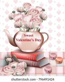 Sweet Valentine day card with rose paper flowers in a pot. Vector Retro style backgrounds