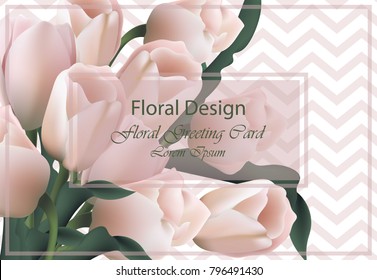 Sweet Valentine day card with tulip flowers Vector realistic. Retro backgrounds