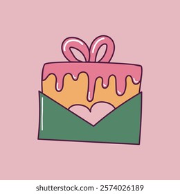 Sweet Valentine gift with dripping icing and a heart inside an envelope on a pink background