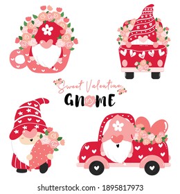 Sweet Valentine Gnome in Rosa mit Blumensammlung, Valentiner Cartoon flacher Vektorgrafik, valentiner Clip-Art Set.