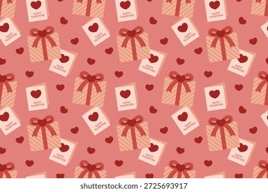 Sweet Valentine pattern with gift box, heart bow and Valentine card. Perfect for gifting themes, greeting cards, packaging, seasonal promotions and romantic designs.