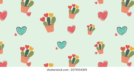 sweet valentine seamless pattern, hearts and cactus