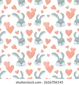 A sweet valentine vector seamless pattern with bunny faces and red hearts on a white background