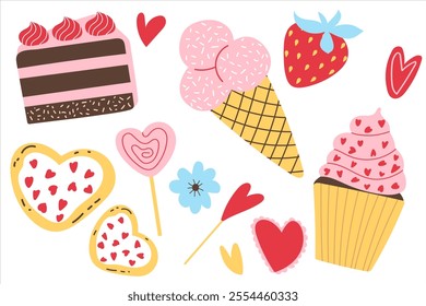 Sweet Valentine vector set illustrations, Cupcakes, Flowers, Ice Cream, Cake, Strawberry, lollipops, hearts. Adorable Romantic Vector Elements. Perfect for Cards and Stickers