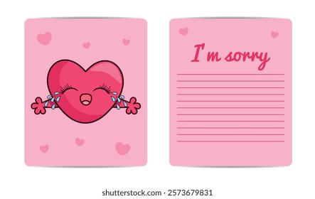 Sweet valentine where you can add your own text. Valentine's Day card with pink heart in kawaii style and words of forgiveness