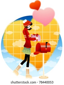 Sweet Valentine for You - cute girl with yellow big and colorful heart on white background : vector illustration