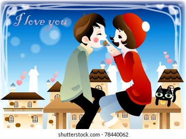 Sweet Valentine for You - lovely couple sitting in bench chair and enjoy special event with a brown chocolate candy at the garden park on beautiful sunny day on white background : vector illustration