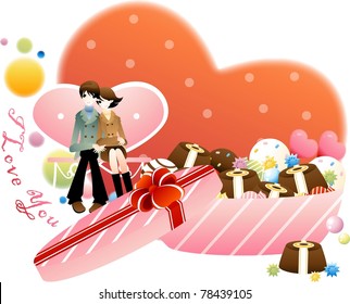 Sweet Valentine for You with Many Chocolates - lovely couple sitting in chair and enjoy special event with delicious colorful candies and tasty cookies on white background : vector illustration