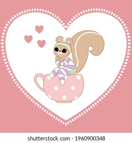 Sweet Valentines card with squirrel seated on a tea cup