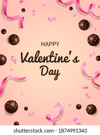 Sweet Valentine's day card decorated with pink ribbon, confetti and chocolate truffle. Flat lay design. Realistic vector dessert.