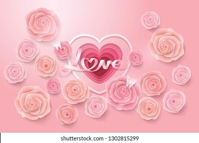 Sweet Valentine`s day card, Pink Roses With Butterfly Paper Cut, Happy Valentines & Mothers Day, Abstract Heart and Love Ribbon Background, Paper art vector