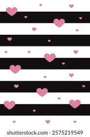 Sweet Valentine's Day card pink hearts on black-and-white striped background. Vector flat illustration in valentine hearts charm concept. For gift card, love decor - element, social media banners.