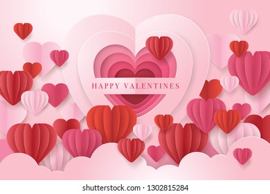 Sweet Valentine`s day card, Red and white Balloon in Heart Shape Paper Cut, Happy Valentines & Mothers Day, Abstract Heart Background, Paper art vector