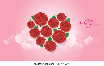 Sweet Valentine`s day card, Red Roses in Heart Shape Paper Cut, Happy Valentines & Mothers Day, Abstract Heart Background, Paper art vector